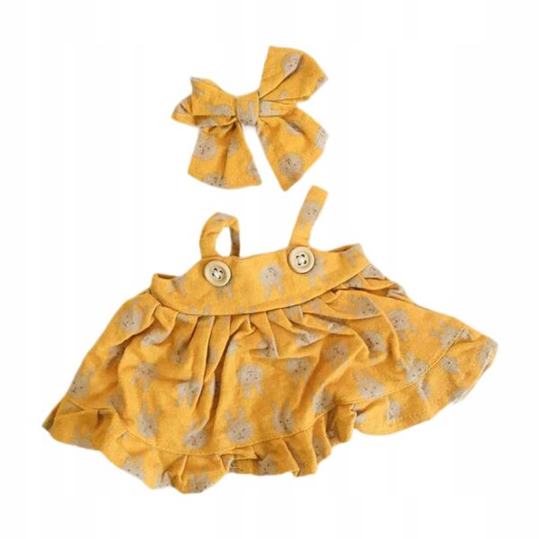 Kleidung für 38-cm-Puppen mit gelbem Kleid aus weichem Stoff und Haarschleife