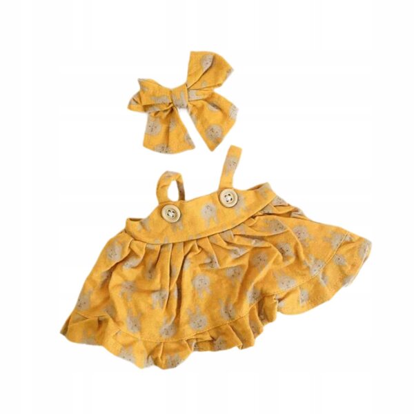 Kleidung für 38-cm-Puppen mit gelbem Kleid aus weichem Stoff und Haarschleife