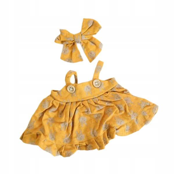 Kleidung für 38-cm-Puppen mit gelbem Kleid aus weichem Stoff und Haarschleife