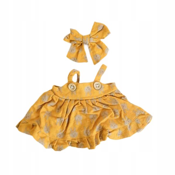 Kleidung für 38-cm-Puppen mit gelbem Kleid aus weichem Stoff und Haarschleife