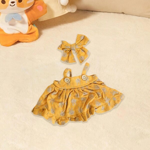 Kleidung für 38-cm-Puppen mit gelbem Kleid aus weichem Stoff und Haarschleife
