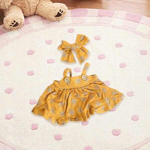Kleidung für 38-cm-Puppen mit gelbem Kleid aus weichem Stoff und Haarschleife