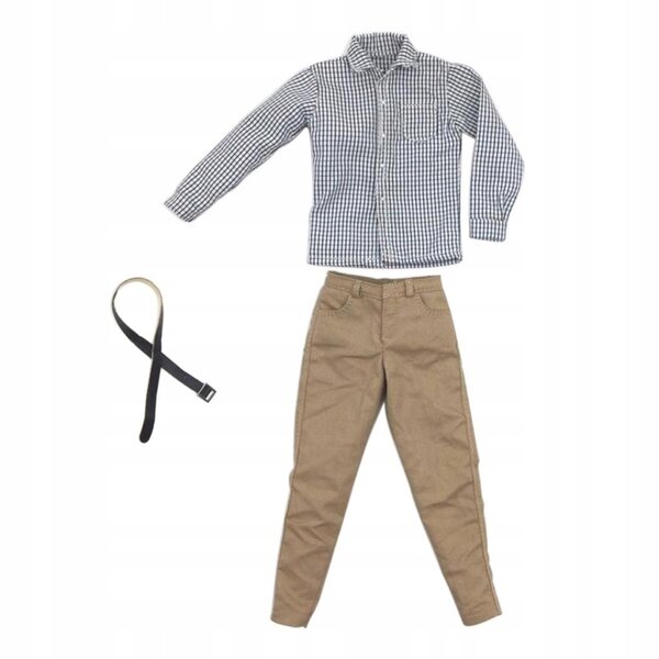1/6 männliche Kleidung: grau kariertes Hemd, Khaki-Hose und schwarzer Gürtel
