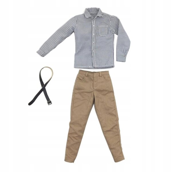 1/6 männliche Kleidung: grau kariertes Hemd, Khaki-Hose und schwarzer Gürtel