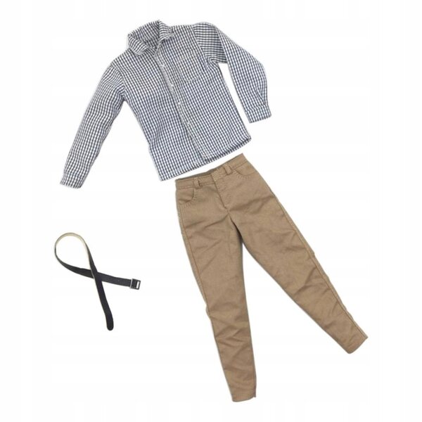 1/6 männliche Kleidung: grau kariertes Hemd, Khaki-Hose und schwarzer Gürtel