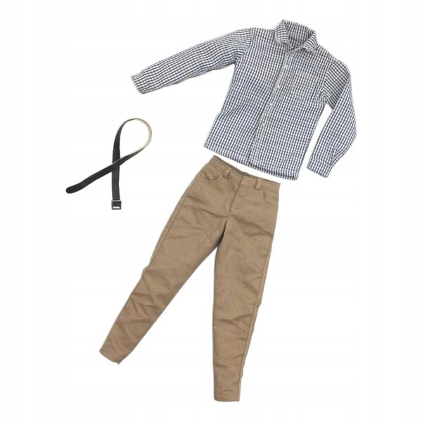 1/6 männliche Kleidung: grau kariertes Hemd, Khaki-Hose und schwarzer Gürtel
