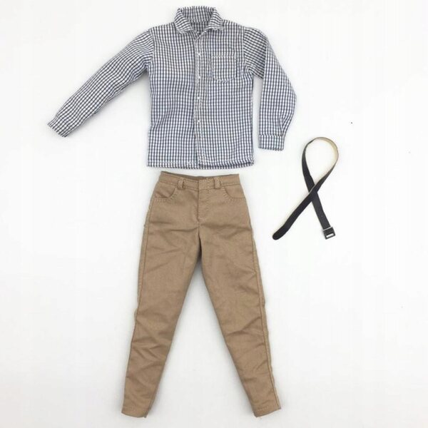 1/6 männliche Kleidung: grau kariertes Hemd, Khaki-Hose und schwarzer Gürtel