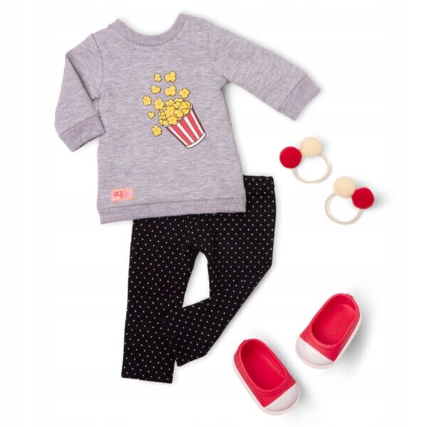 Kleid für eine 46 cm große Our Generation-Puppe mit Popcorn-Motiv und weißen und roten Pompons