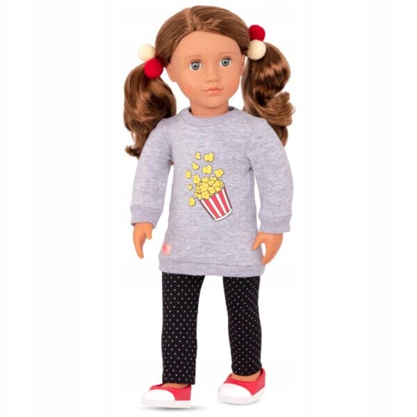 Kleid für eine 46 cm große Our Generation-Puppe mit Popcorn-Motiv und weißen und roten Pompons