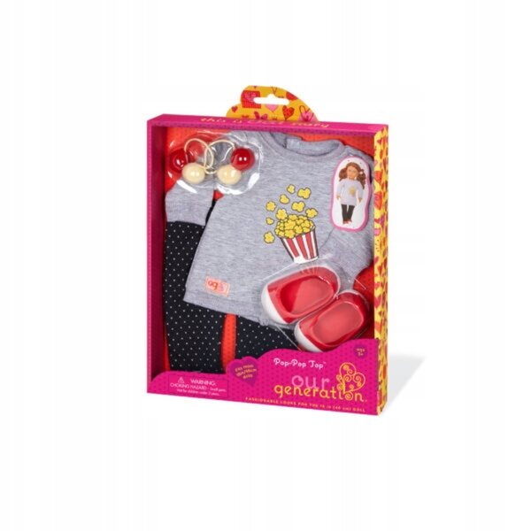 Kleid für eine 46 cm große Our Generation-Puppe mit Popcorn-Motiv und weißen und roten Pompons