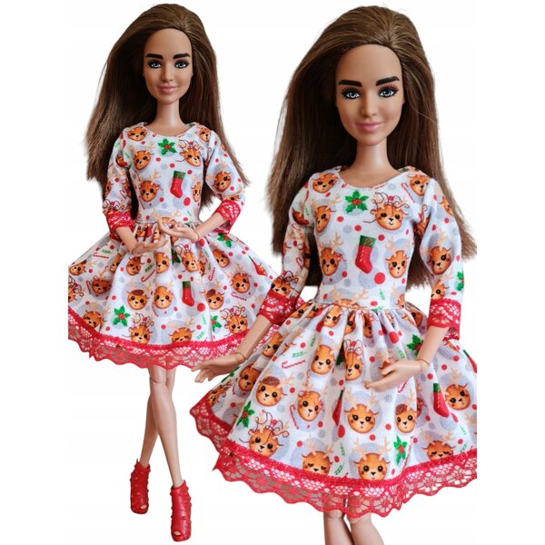 Puppenkleid mit weihnachtlichem Rentier und roter Spitze - Puppenkleidung
