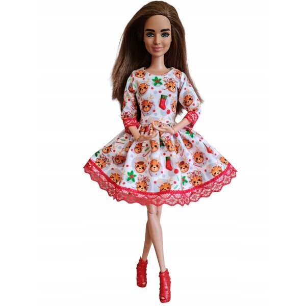 Puppenkleid mit weihnachtlichem Rentier und roter Spitze - Puppenkleidung
