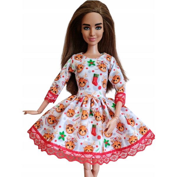 Puppenkleid mit weihnachtlichem Rentier und roter Spitze - Puppenkleidung