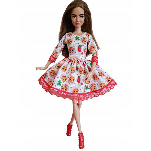 Puppenkleid mit weihnachtlichem Rentier und roter Spitze - Puppenkleidung