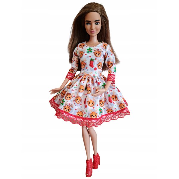 Puppenkleid mit weihnachtlichem Rentier und roter Spitze - Puppenkleidung