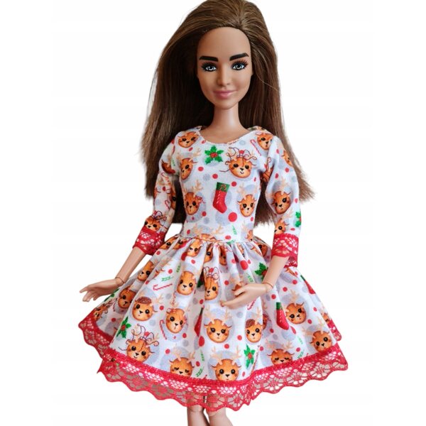 Puppenkleid mit weihnachtlichem Rentier und roter Spitze - Puppenkleidung