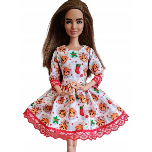 Puppenkleid mit weihnachtlichem Rentier und roter Spitze - Puppenkleidung