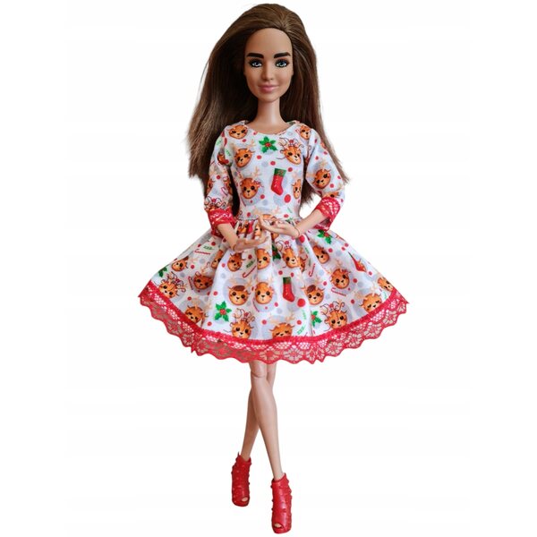 Puppenkleid mit weihnachtlichem Rentier und roter Spitze - Puppenkleidung