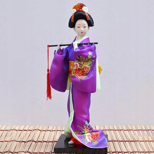 Japanische Geisha-Puppe im lila Kimono, 27 cm, handgefertigte dekorative Skulptur