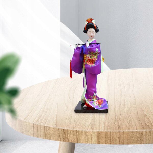 Japanische Geisha-Puppe im lila Kimono, 27 cm, handgefertigte dekorative Skulptur