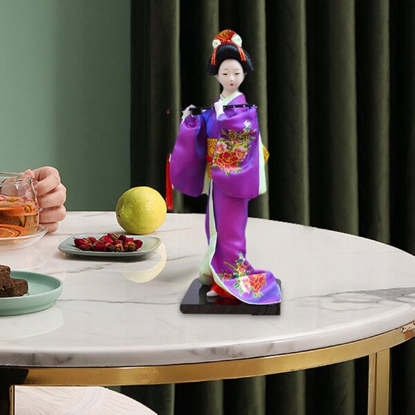 Japanische Geisha-Puppe im lila Kimono, 27 cm, handgefertigte dekorative Skulptur