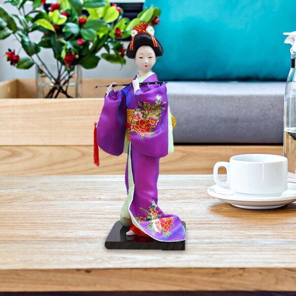 Japanische Geisha-Puppe im lila Kimono, 27 cm, handgefertigte dekorative Skulptur