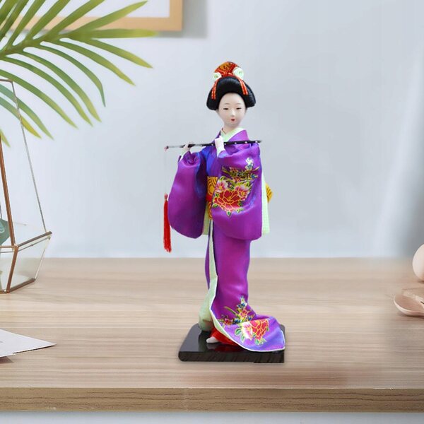 Japanische Geisha-Puppe im lila Kimono, 27 cm, handgefertigte dekorative Skulptur