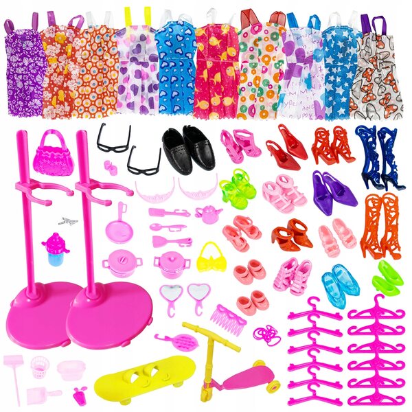 Buntes Set aus Kleidung, Accessoires und Schuhen für universelle Barbie-Puppen