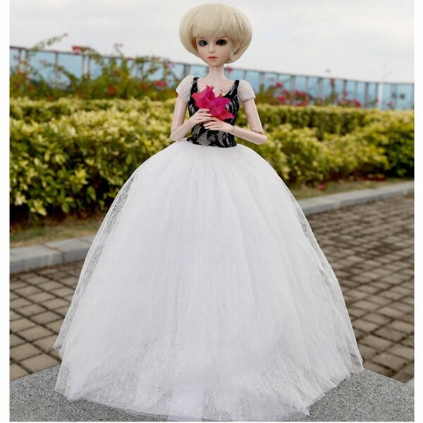 Prinzessinnen-Hochzeitskleid für 1/4 BJD-Puppen – Abendkleid, weißer Tüll, 43 cm