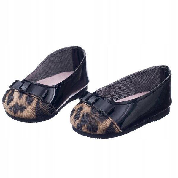 Flache schwarze Ballerinas mit Leopardenmuster für 18-Zoll-Puppen