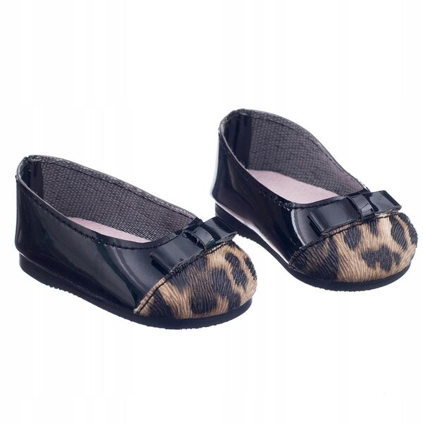 Flache schwarze Ballerinas mit Leopardenmuster für 18-Zoll-Puppen