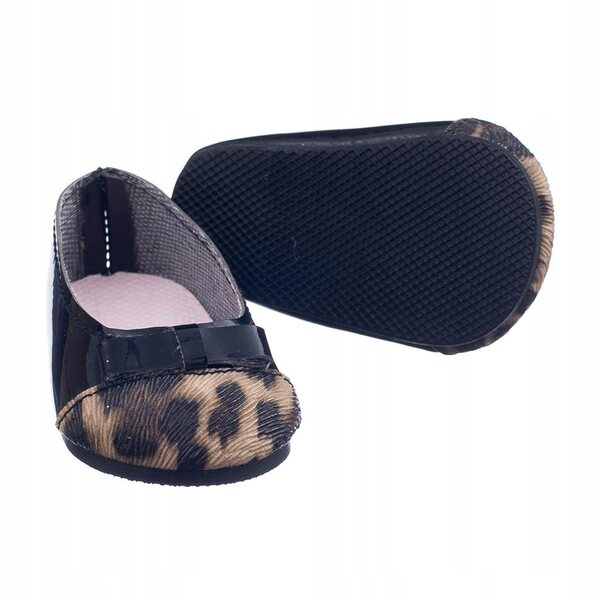Flache schwarze Ballerinas mit Leopardenmuster für 18-Zoll-Puppen