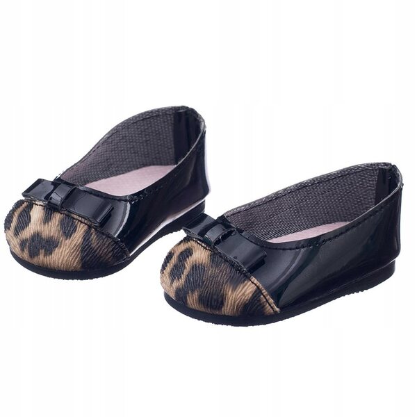 Flache schwarze Ballerinas mit Leopardenmuster für 18-Zoll-Puppen