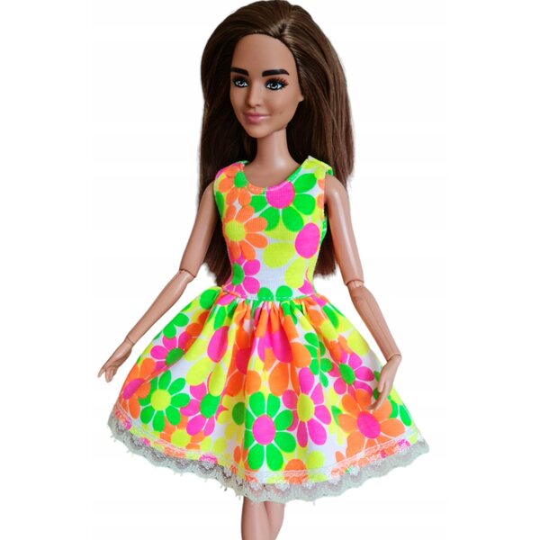 Blumenkleid für klassische Puppen, mit Spitze und Klettverschluss