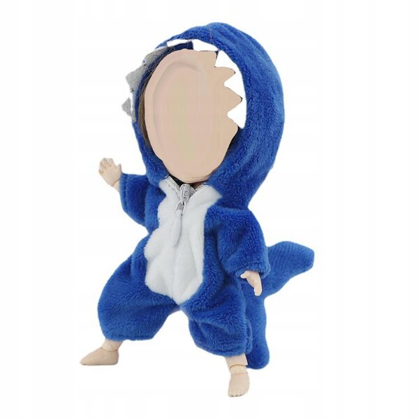 Kombinezon pluszowy rekina per bambole scala 1:12, blu, con zip facile