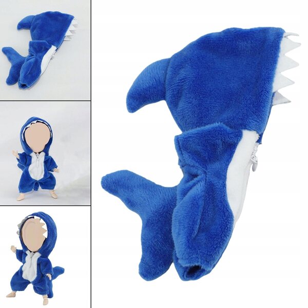 Kombinezon pluszowy rekina per bambole scala 1:12, blu, con zip facile