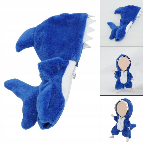 Kombinezon pluszowy rekina per bambole scala 1:12, blu, con zip facile