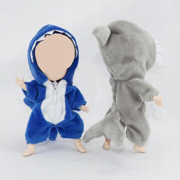 Kombinezon pluszowy rekina per bambole scala 1:12, blu, con zip facile