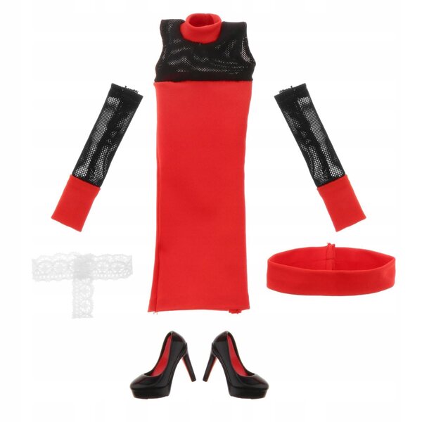 Rotes enges Kleid und Absatzschuhe für 1/6 Puppe – detaillierte Kleidung