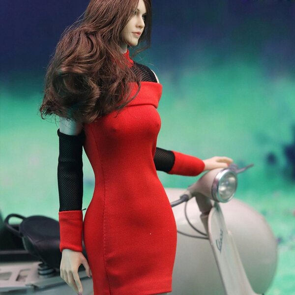 Rotes enges Kleid und Absatzschuhe für 1/6 Puppe – detaillierte Kleidung