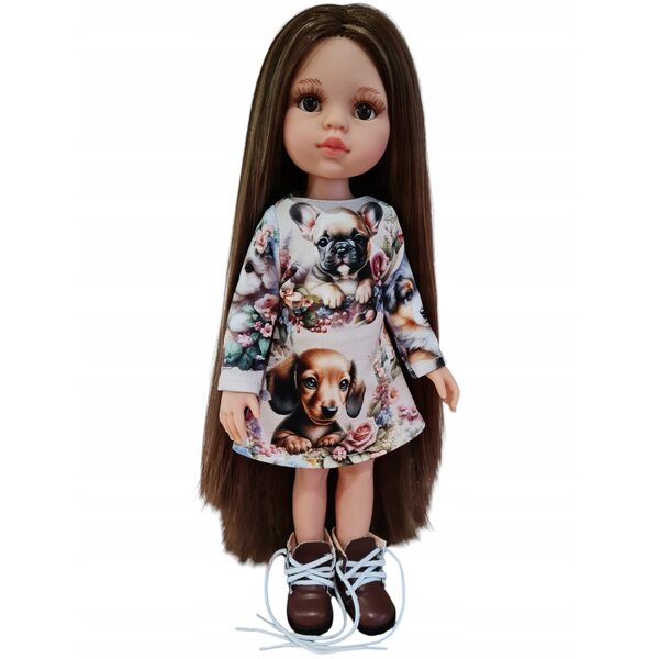 Kleid für 32 cm Paola Reina Puppe mit langen Ärmeln und Hundemuster