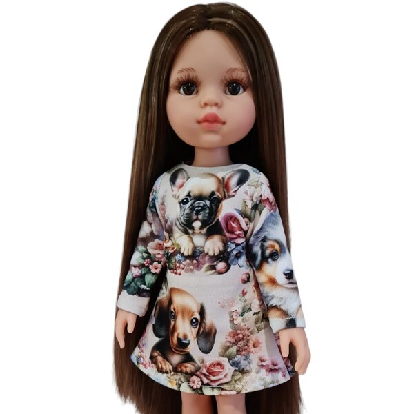 Kleid für 32 cm Paola Reina Puppe mit langen Ärmeln und Hundemuster