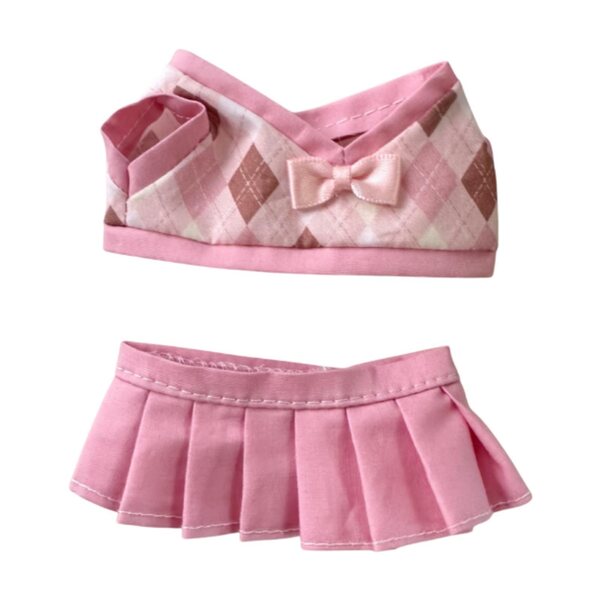 Set 2 vestiti a quadri per bambole 15-17 cm con gonna rosa morbida