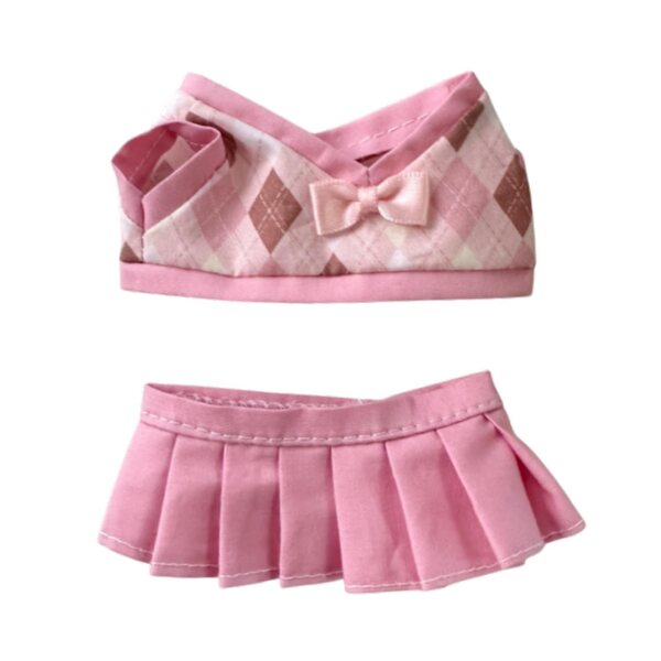Set 2 vestiti a quadri per bambole 15-17 cm con gonna rosa morbida