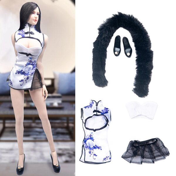 Minigonna Qipao 1:6 stampa tradizionale senza maniche per bambole 12 cm
