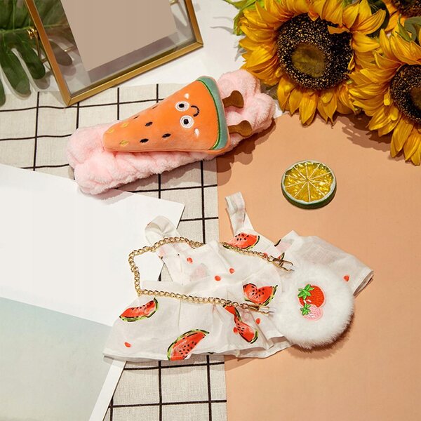 Kleid für 30-cm-Puppe mit Stirnband und Umhängetasche aus weichem Stoff