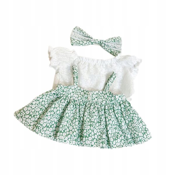 Kleid für 38-cm-Puppe mit grüner Schärpe – modisch bedrucktes Kleid für Puppen