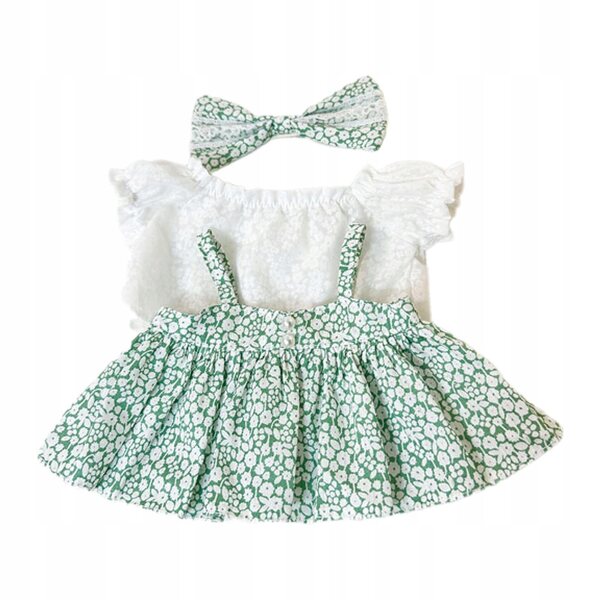 Kleid für 38-cm-Puppe mit grüner Schärpe – modisch bedrucktes Kleid für Puppen