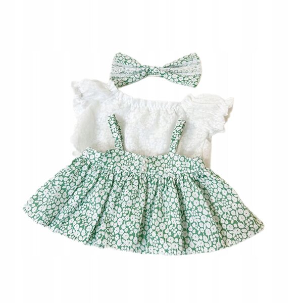 Kleid für 38-cm-Puppe mit grüner Schärpe – modisch bedrucktes Kleid für Puppen