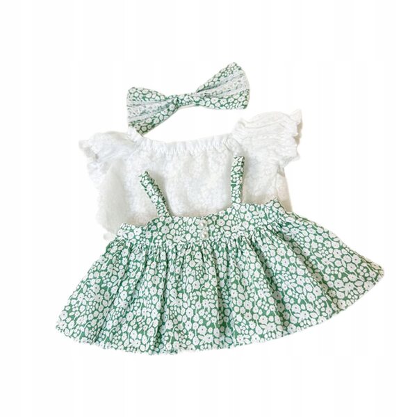 Kleid für 38-cm-Puppe mit grüner Schärpe – modisch bedrucktes Kleid für Puppen
